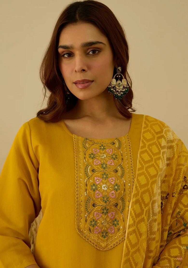 Yellow Embroidered Silk Blend Kurta Set - Indya