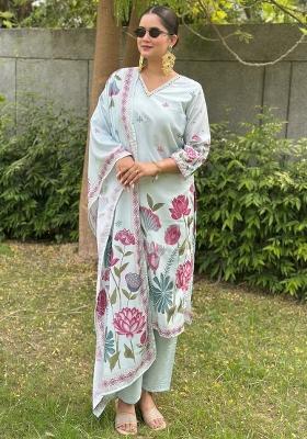 Sky Blue Embroidered Silk Blend Kurta Set
