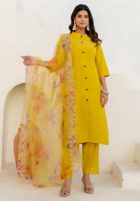 Yellow Embroidered Silk Blend Kurta Set