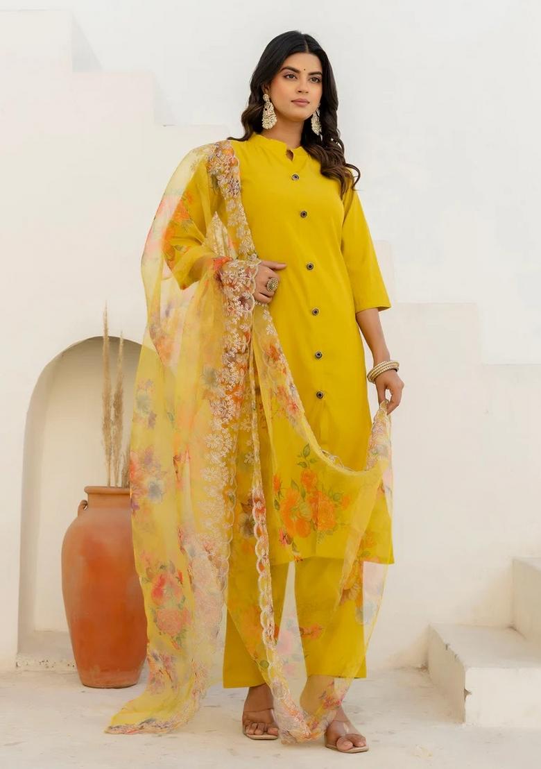 Yellow Embroidered Silk Blend Kurta Set - Indya