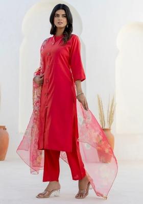 Red Embroidered Silk Blend Kurta Set