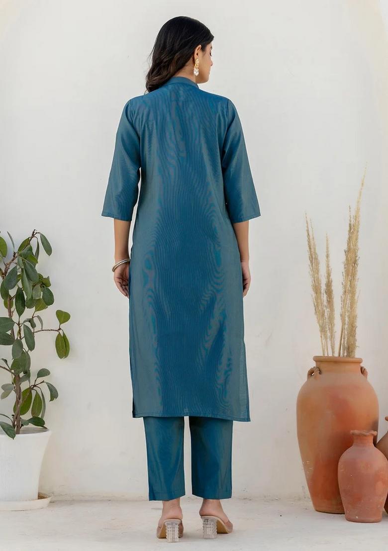 Blue Embroidered Silk Blend Kurta Set - Indya