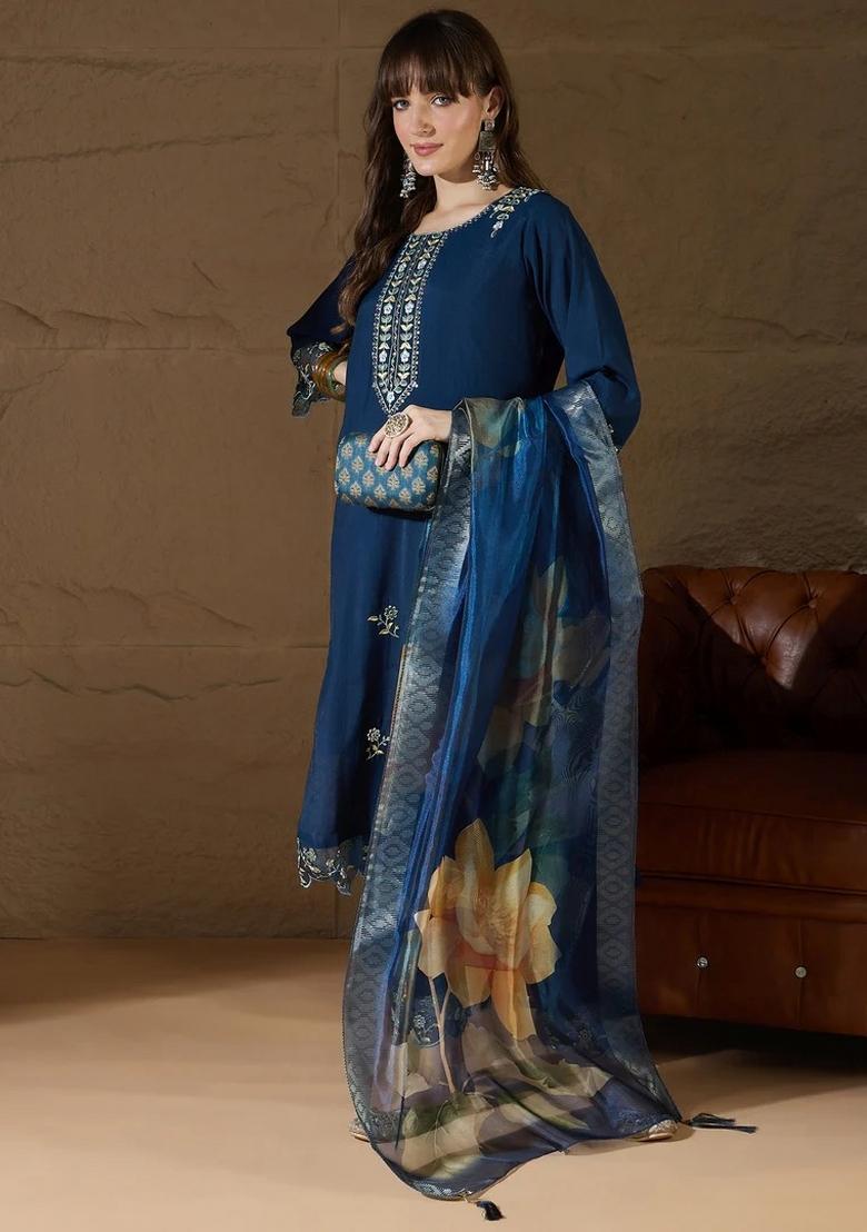 Blue Embroidered Silk Blend Kurta Set - Indya