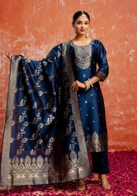 Teal Embroidered Silk Blend Kurta Set