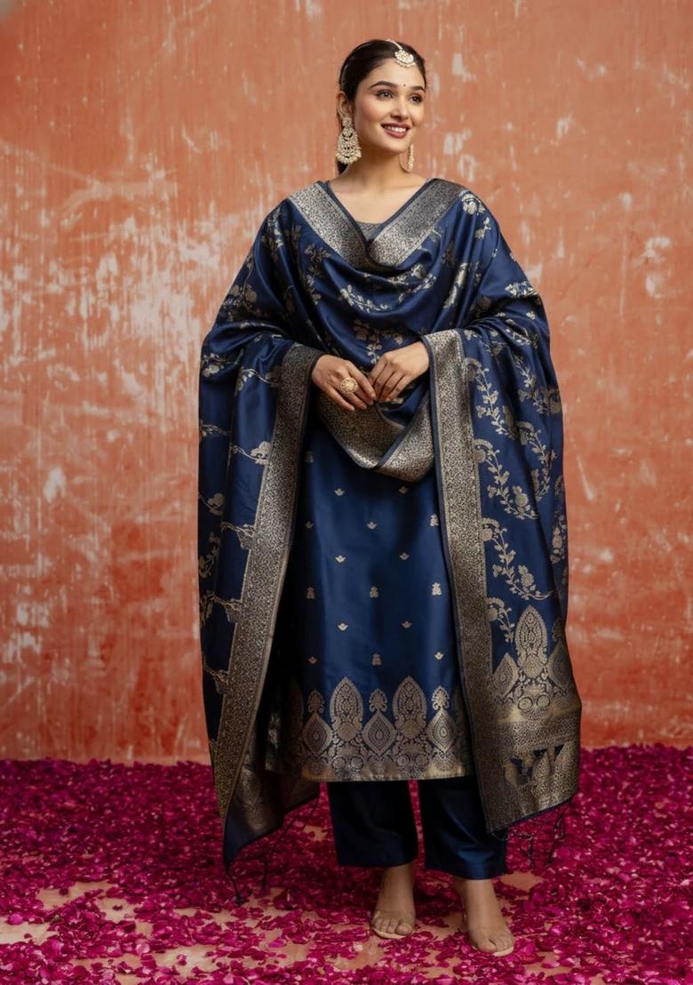 Teal Embroidered Silk Blend Kurta Set - Indya