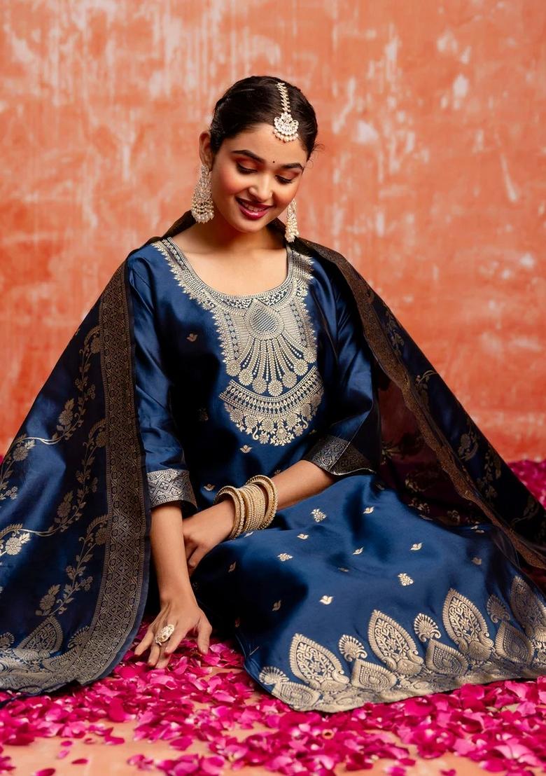 Teal Embroidered Silk Blend Kurta Set - Indya