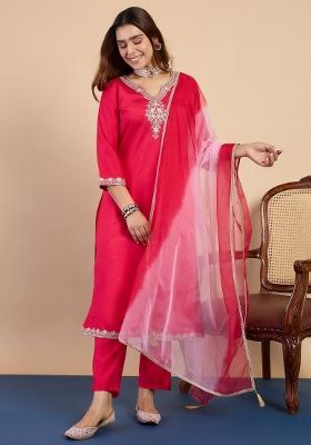 Red Embroidered Silk Blend Kurta Set