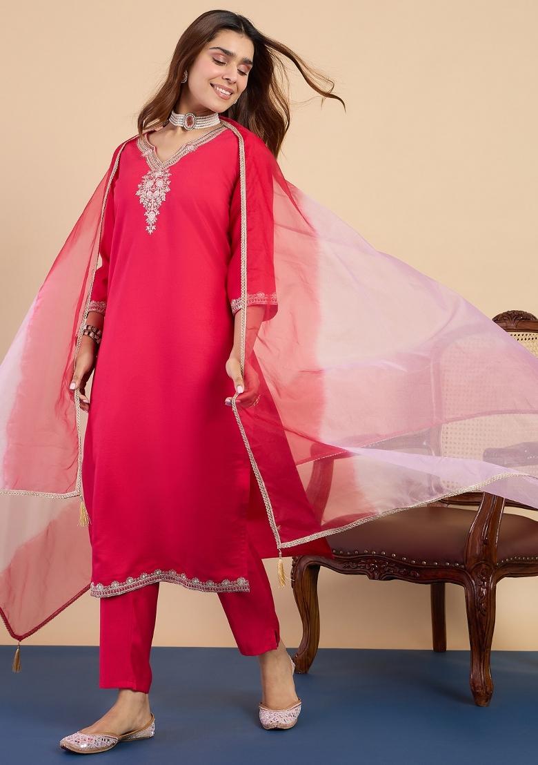 Red Embroidered Silk Blend Kurta Set - Indya
