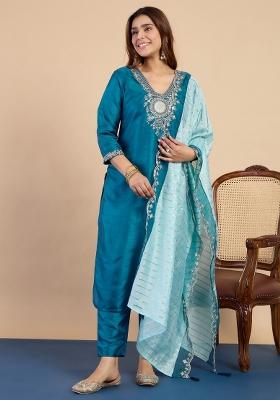 Blue Embroidered Silk Blend Kurta Set