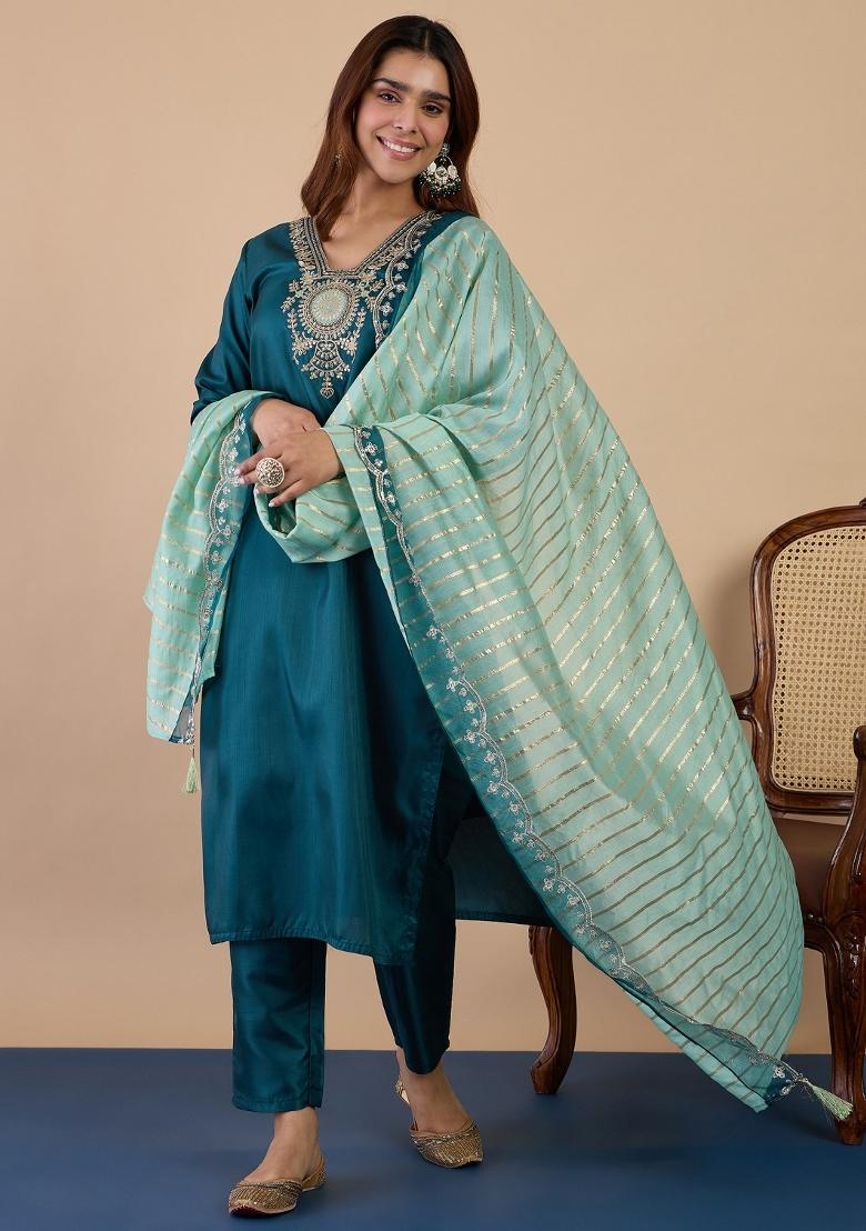 Blue Embroidered Silk Blend Kurta Set - Indya