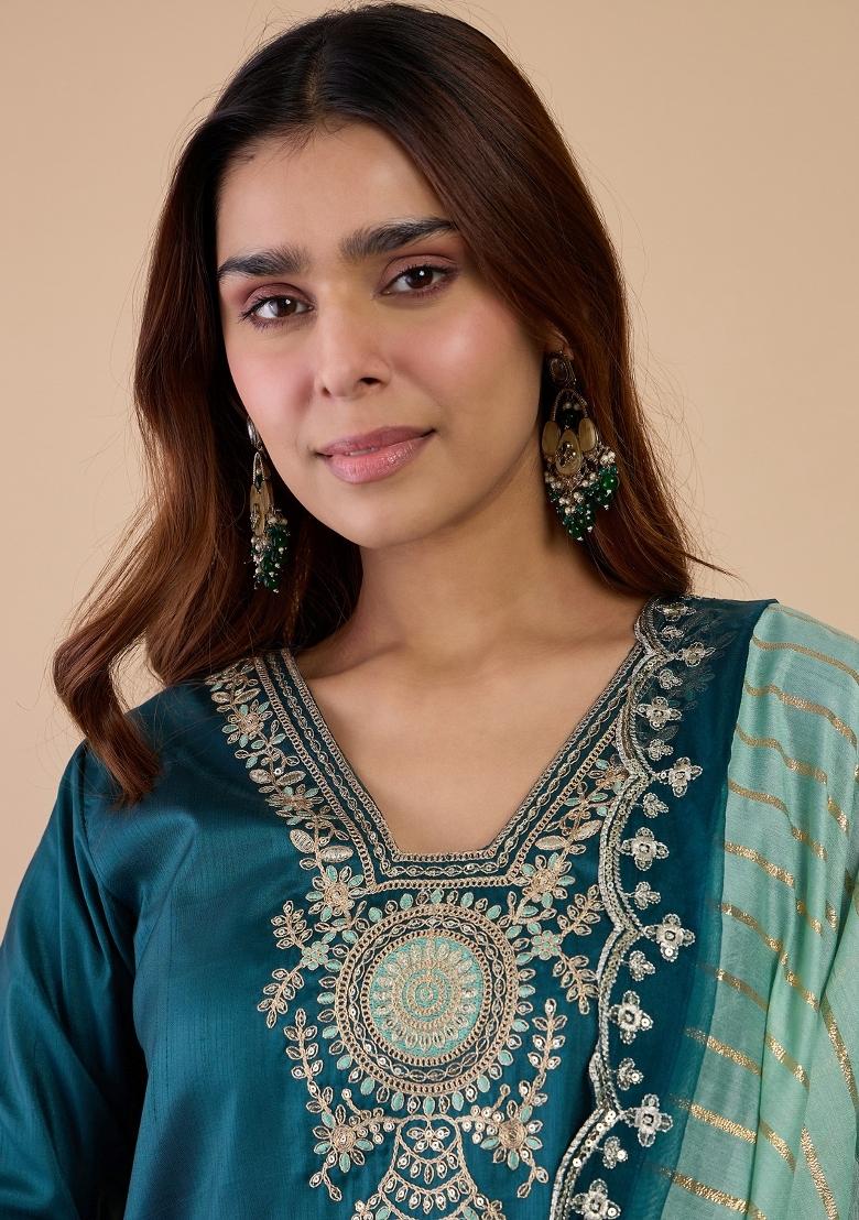 Blue Embroidered Silk Blend Kurta Set - Indya