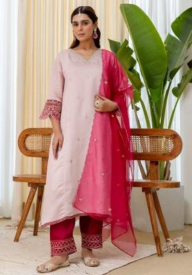 Pink Embroidered Silk Blend Kurta Set