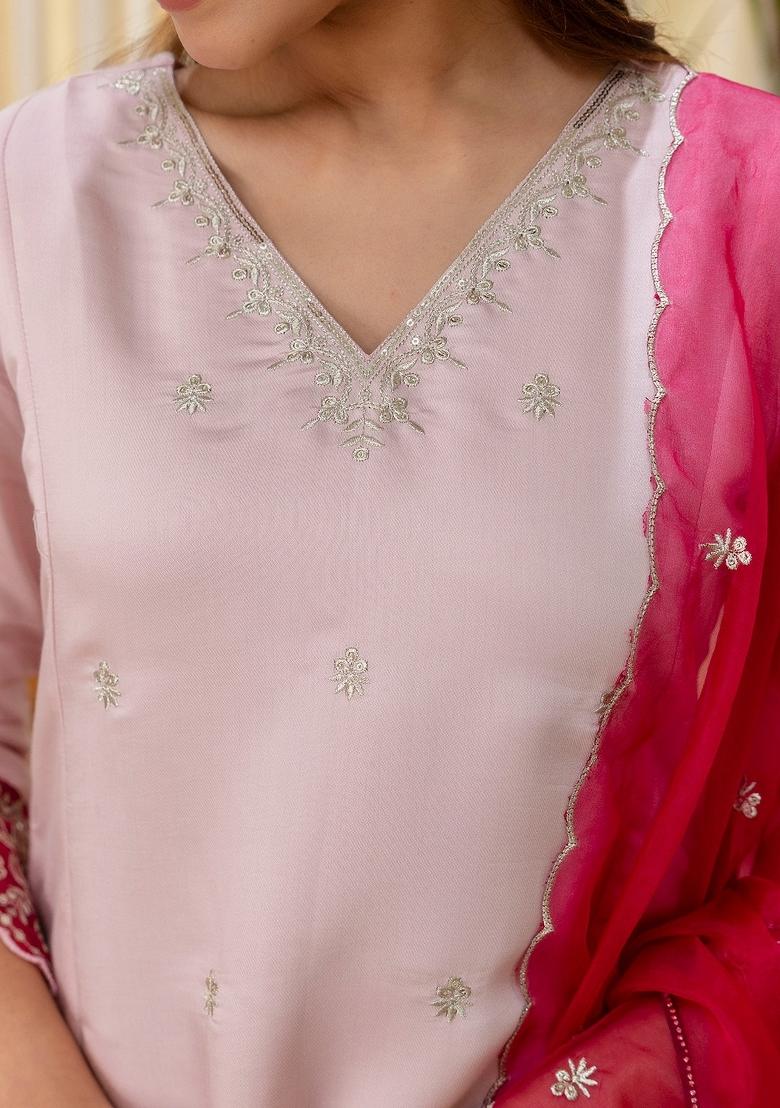 Pink Embroidered Silk Blend Kurta Set - Indya