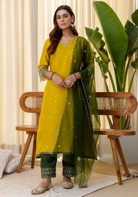 Yellow Embroidered Silk Blend Kurta Set