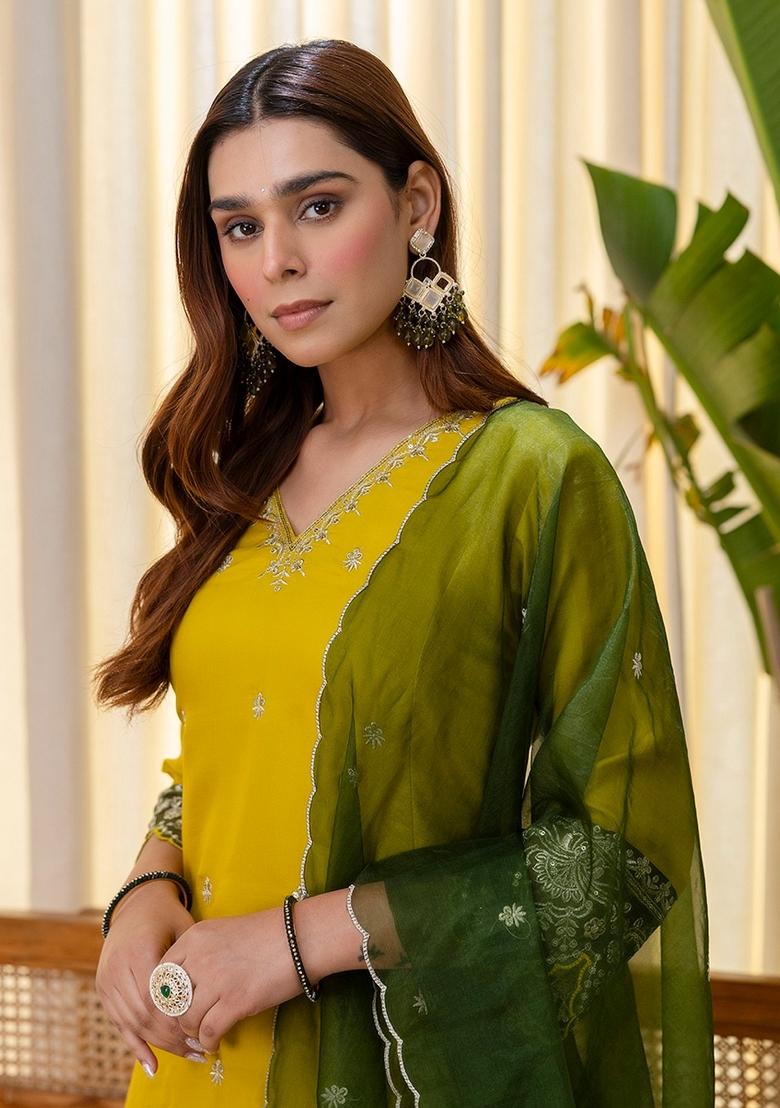 Yellow Embroidered Silk Blend Kurta Set - Indya