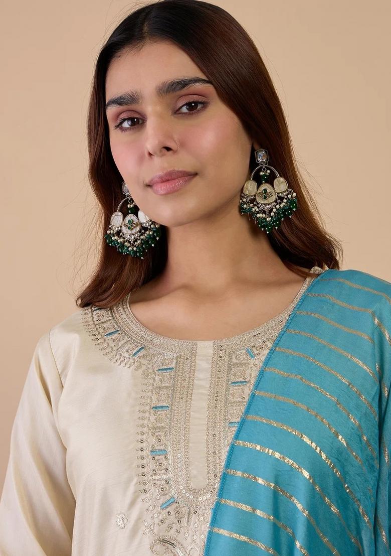 Beige Embroidered Silk Blend Kurta Set - Indya