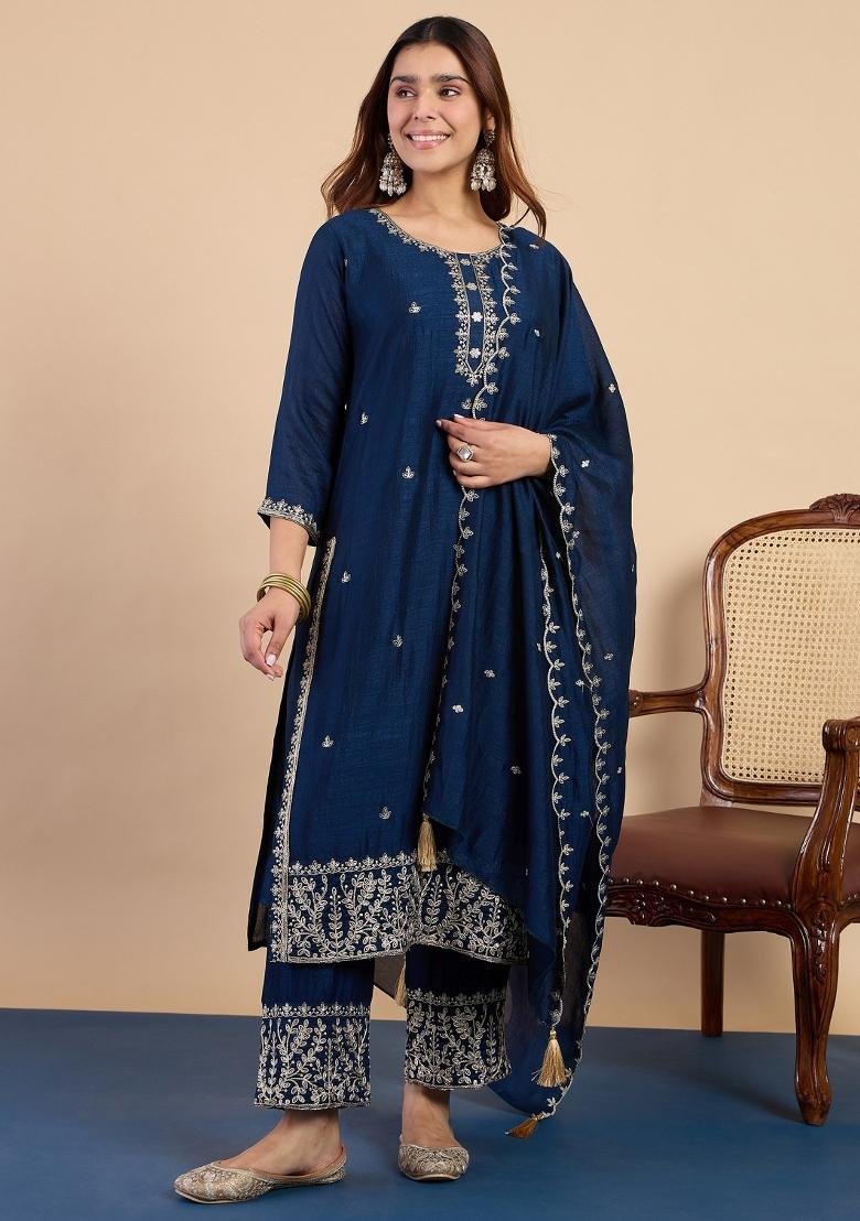 Blue Embroidered Silk Blend Kurta Set - Indya