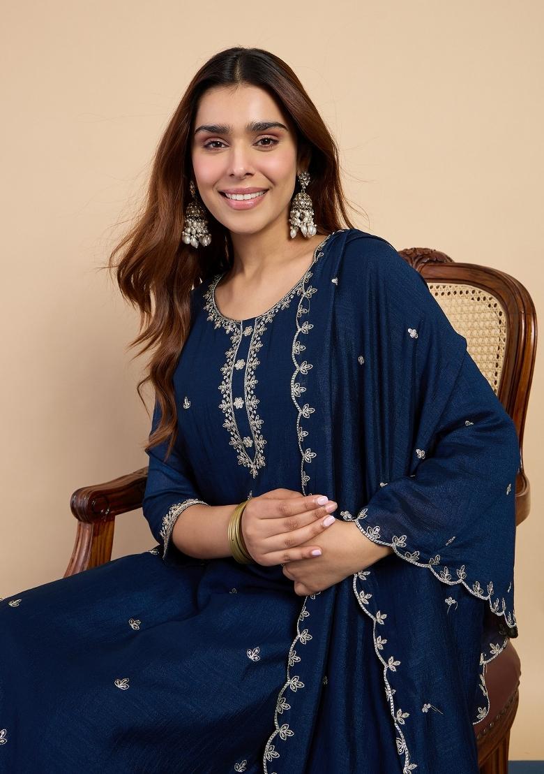 Blue Embroidered Silk Blend Kurta Set - Indya