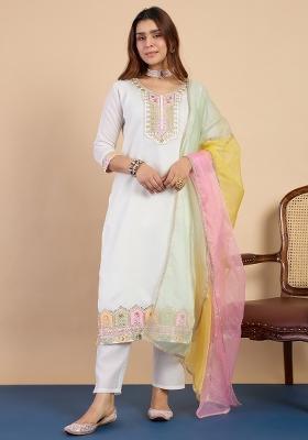 White Embroidered Silk Blend Kurta Set