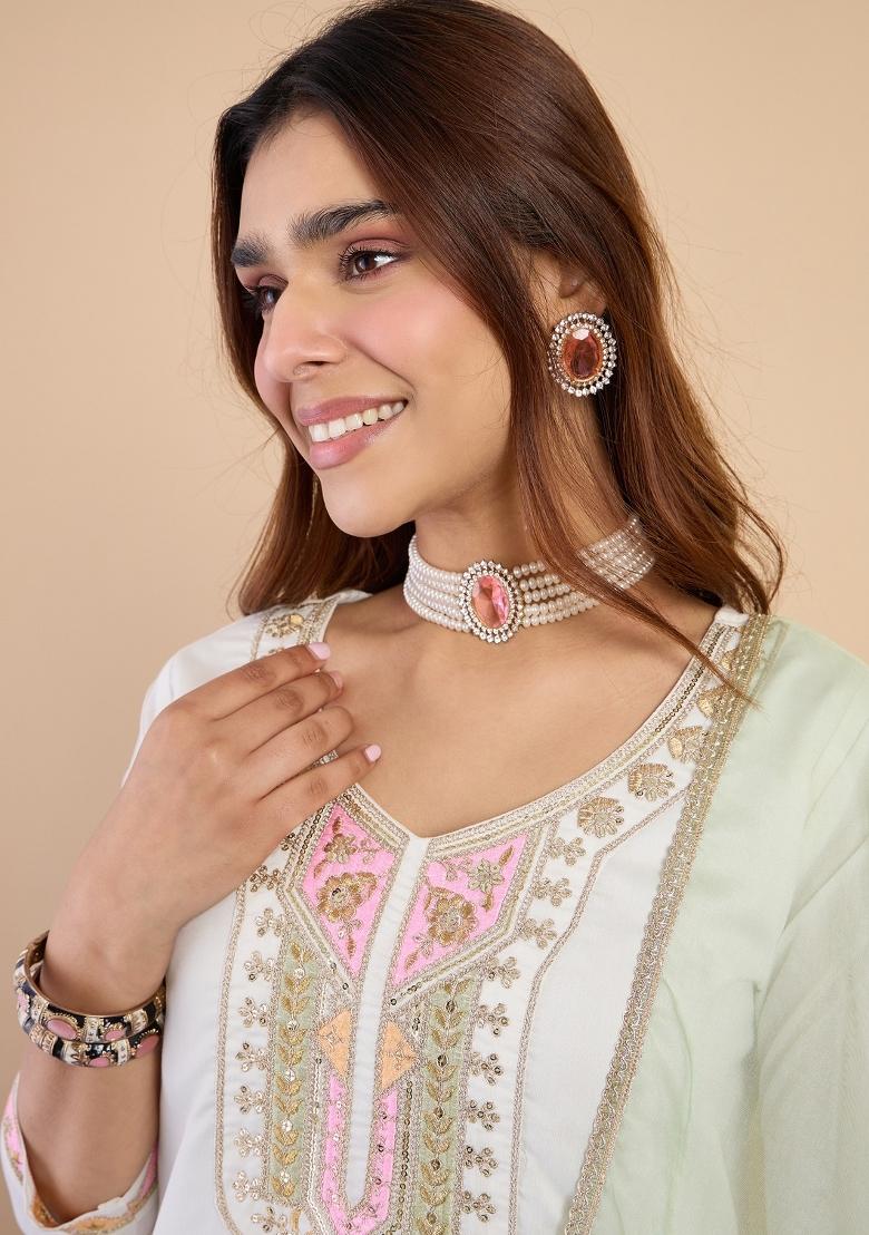 White Embroidered Silk Blend Kurta Set - Indya
