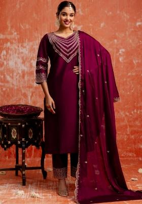 Purple Embroidered Viscose Kurta Set