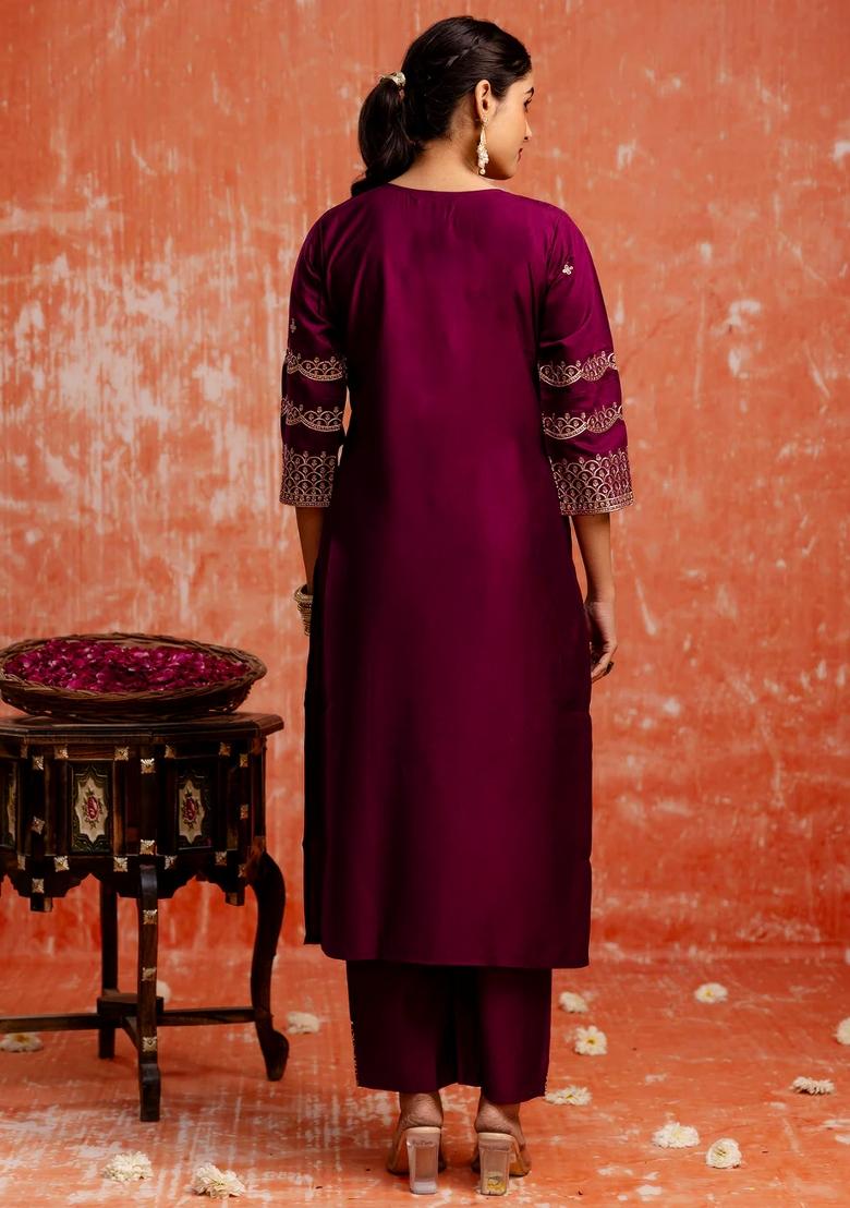Purple Embroidered Viscose Kurta Set - Indya