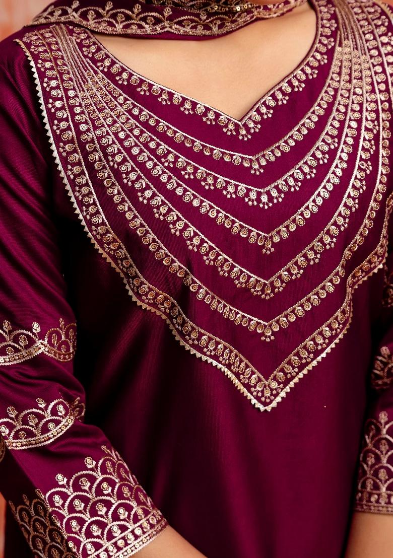 Purple Embroidered Viscose Kurta Set - Indya
