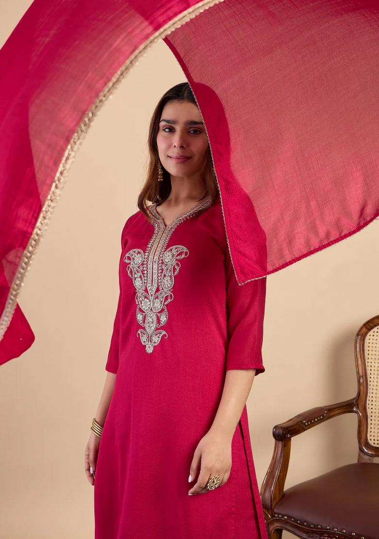 Pink Embroidered Silk Blend Kurta Set - Indya