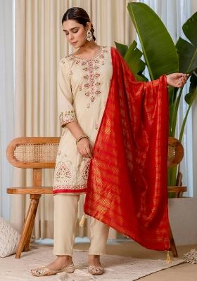 Beige Embroidered Silk Blend Kurta Set