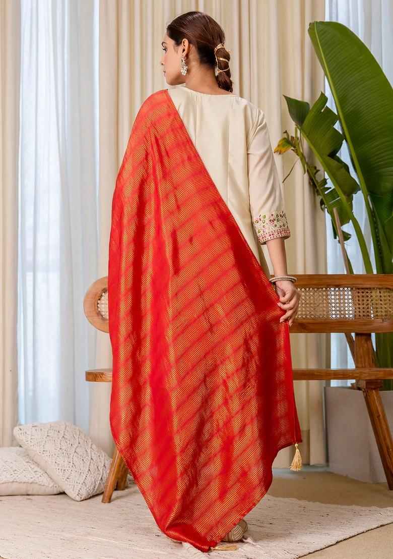 Beige Embroidered Silk Blend Kurta Set - Indya