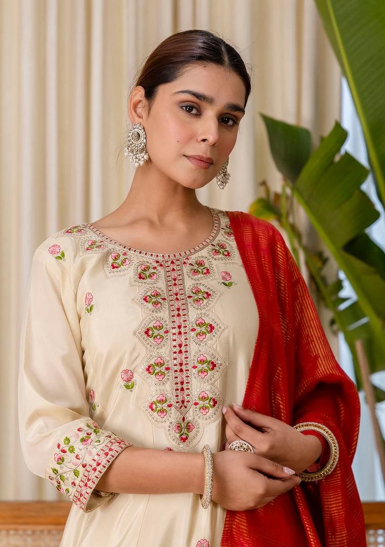 Beige Embroidered Silk Blend Kurta Set - Indya