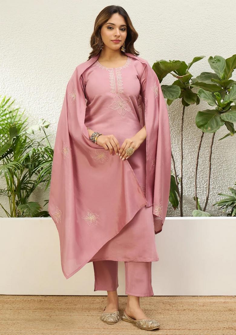 Pink Embroidered Silk Blend Kurta Set - Indya