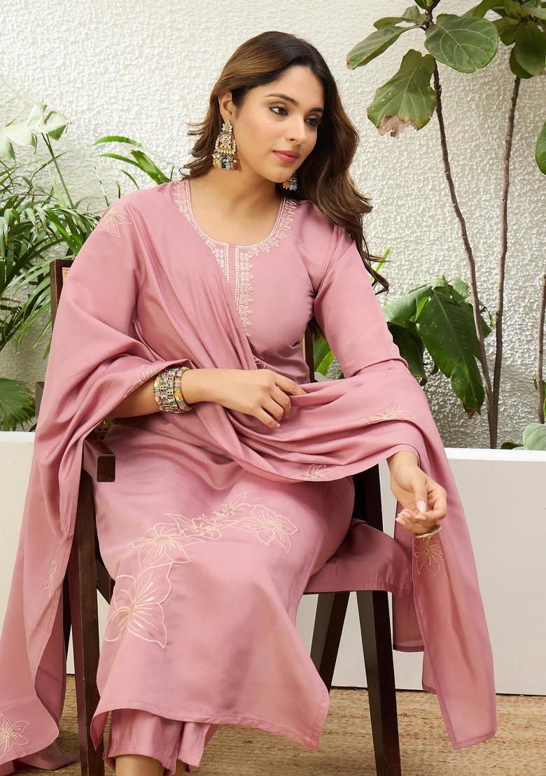 Pink Embroidered Silk Blend Kurta Set - Indya