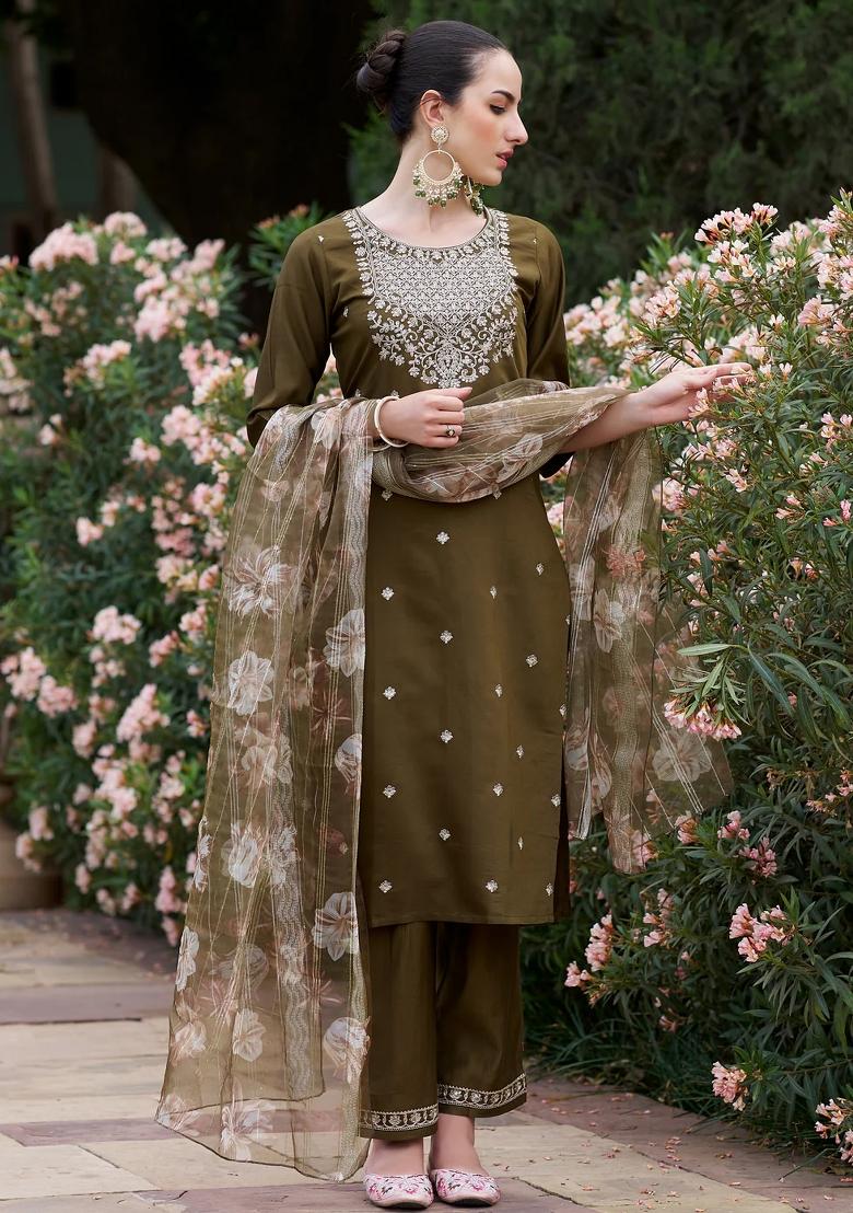 Mehendi Embroidered Viscose Kurta Set - Indya