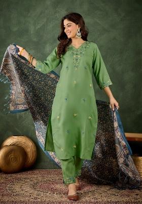 Green Embroidered Cotton Kurta Set