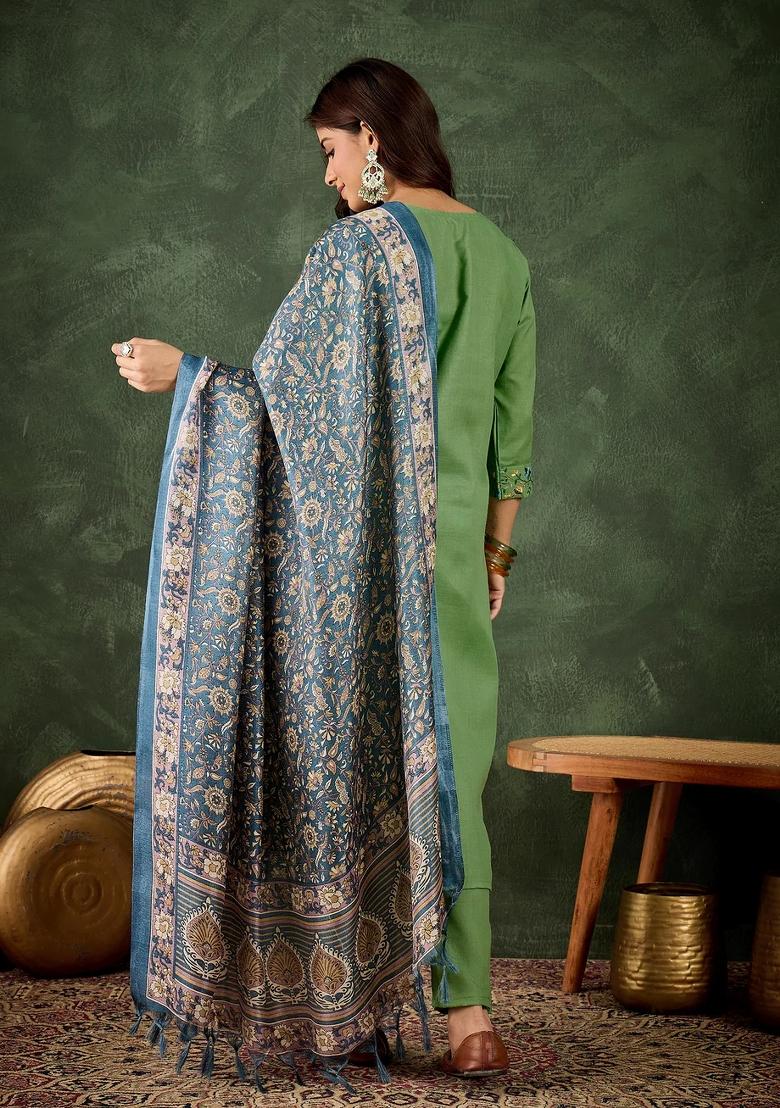 Green Embroidered Cotton Kurta Set - Indya
