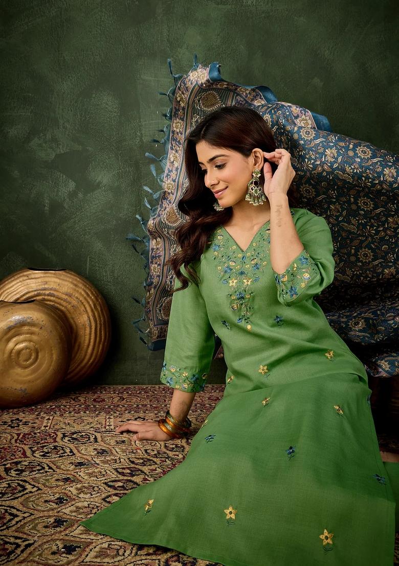 Green Embroidered Cotton Kurta Set - Indya