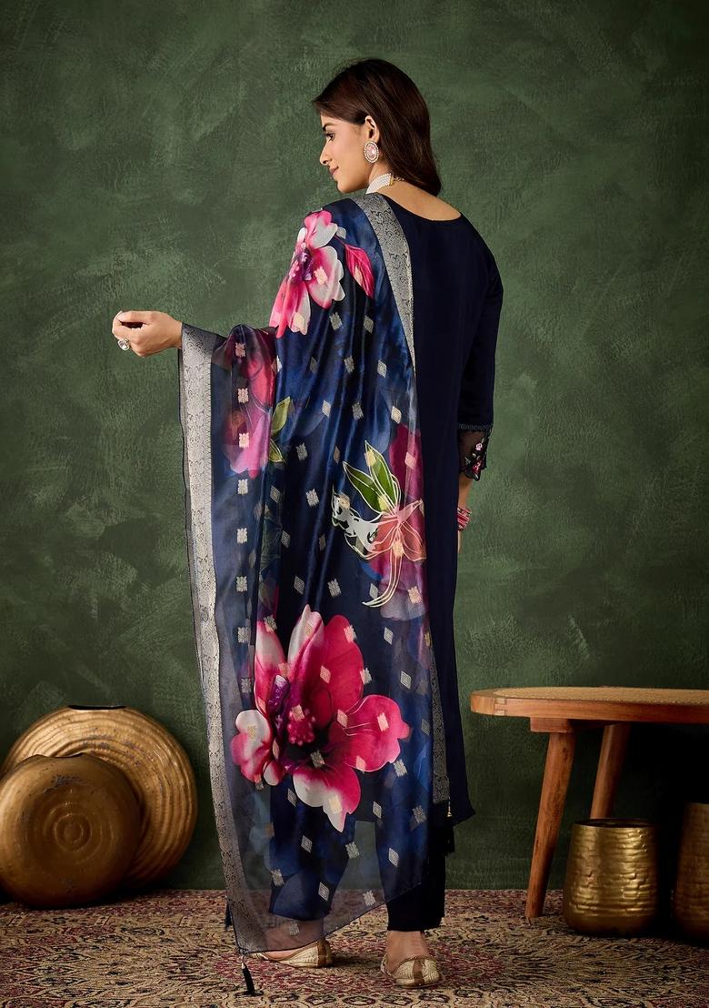 Blue Embroidered Silk Blend Kurta Set - Indya