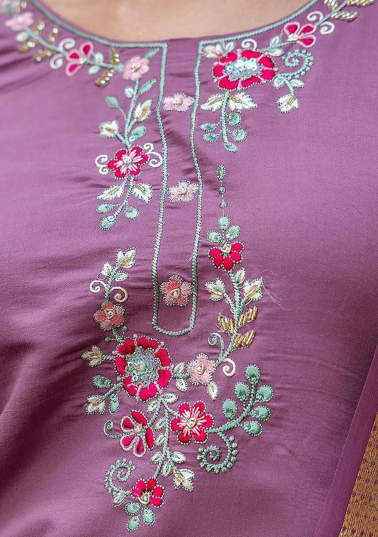 Lavender Embroidered Silk Blend Kurta Set - Indya