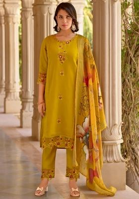 Mustard Embroidered Silk Blend Kurta Set