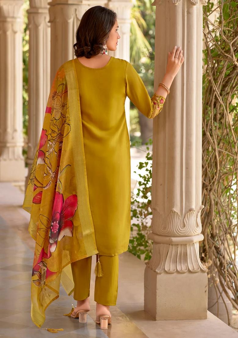Mustard Embroidered Silk Blend Kurta Set - Indya
