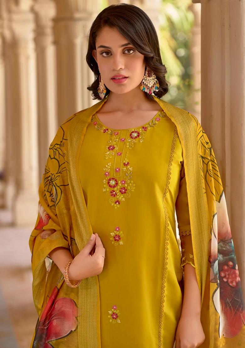 Mustard Embroidered Silk Blend Kurta Set - Indya