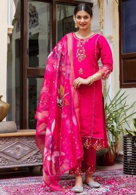 Pink Embroidered Silk Blend Kurta Set