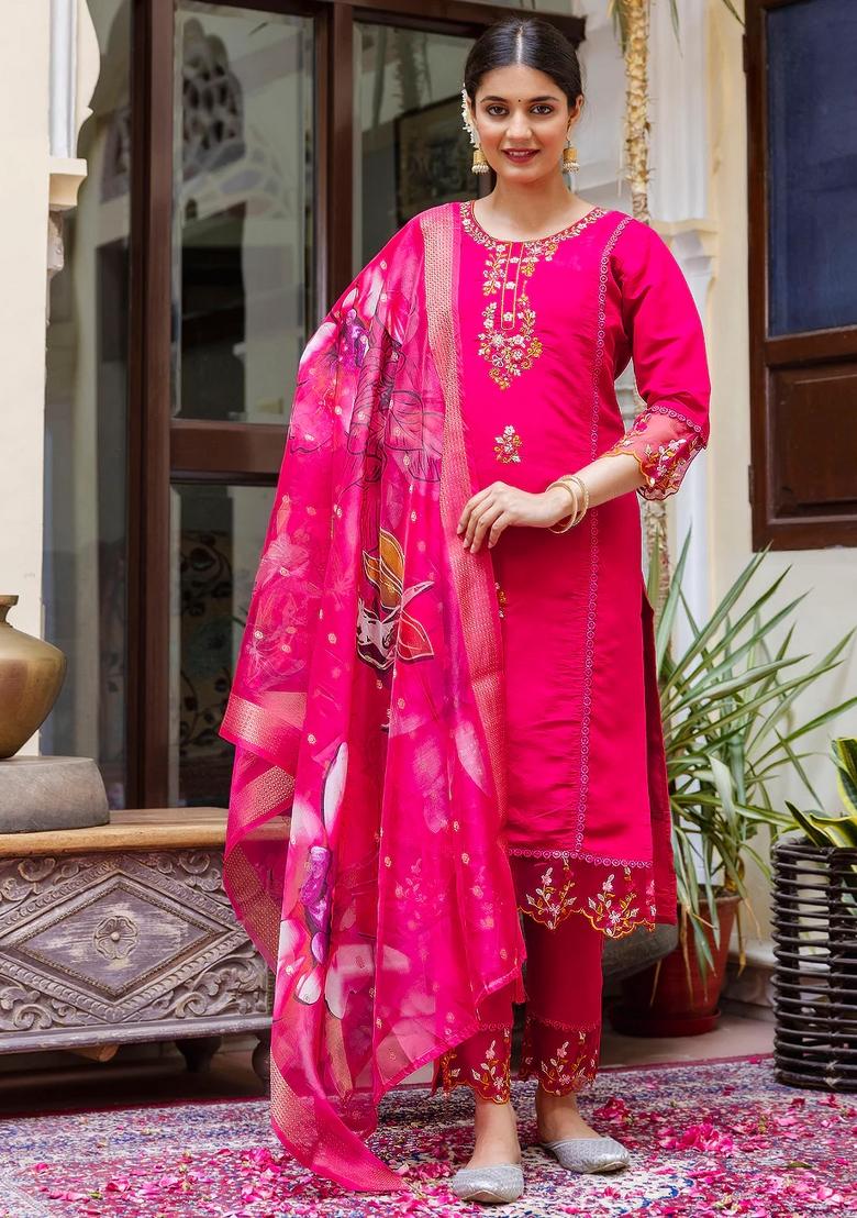 Pink Embroidered Silk Blend Kurta Set - Indya