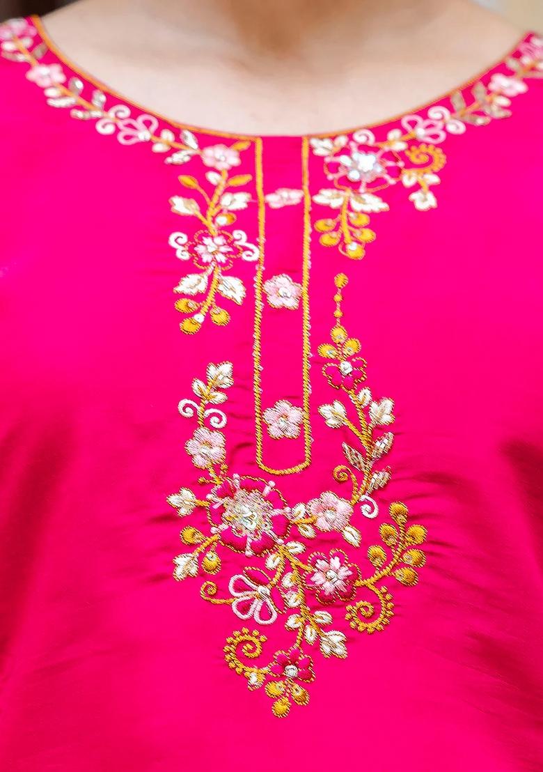 Pink Embroidered Silk Blend Kurta Set - Indya