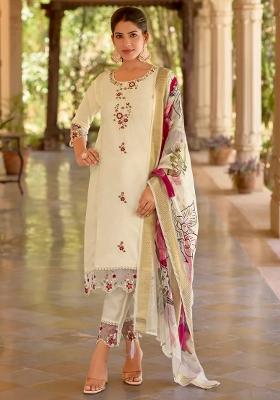 White Embroidered Silk Blend Kurta Set
