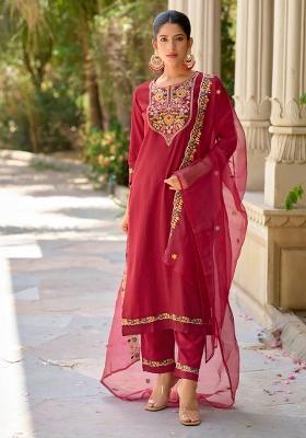 Maroon Embroidered Viscose Kurta Set