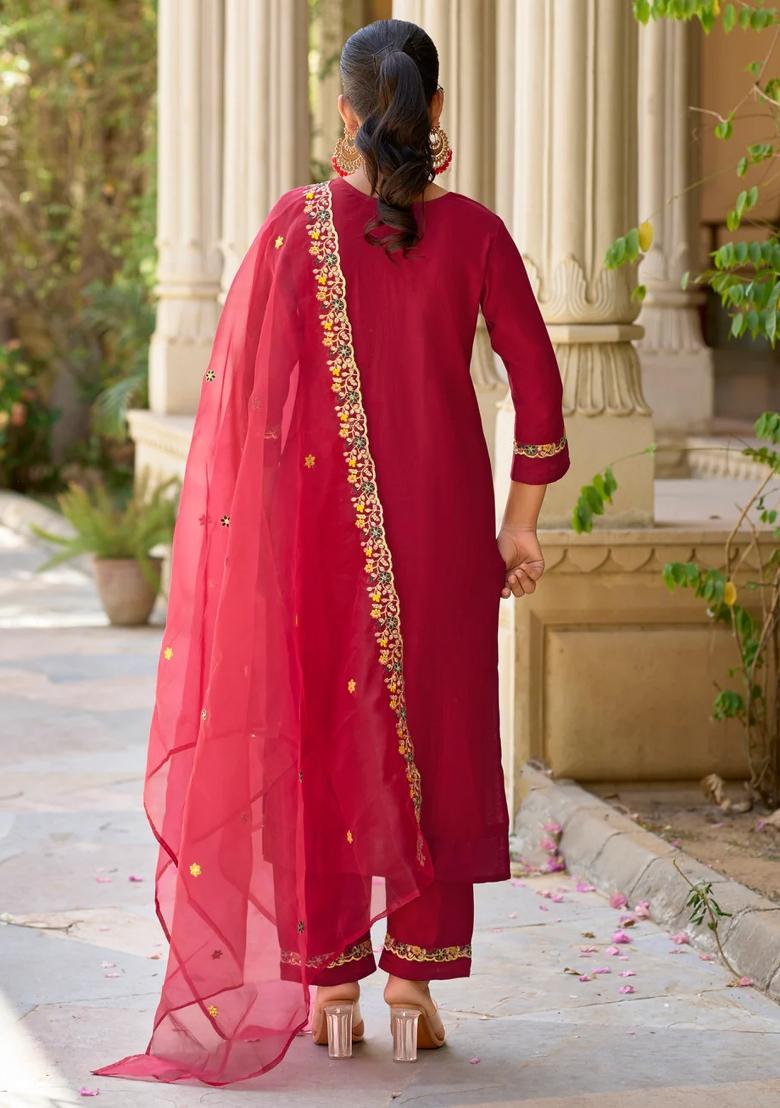 Maroon Embroidered Viscose Kurta Set - Indya