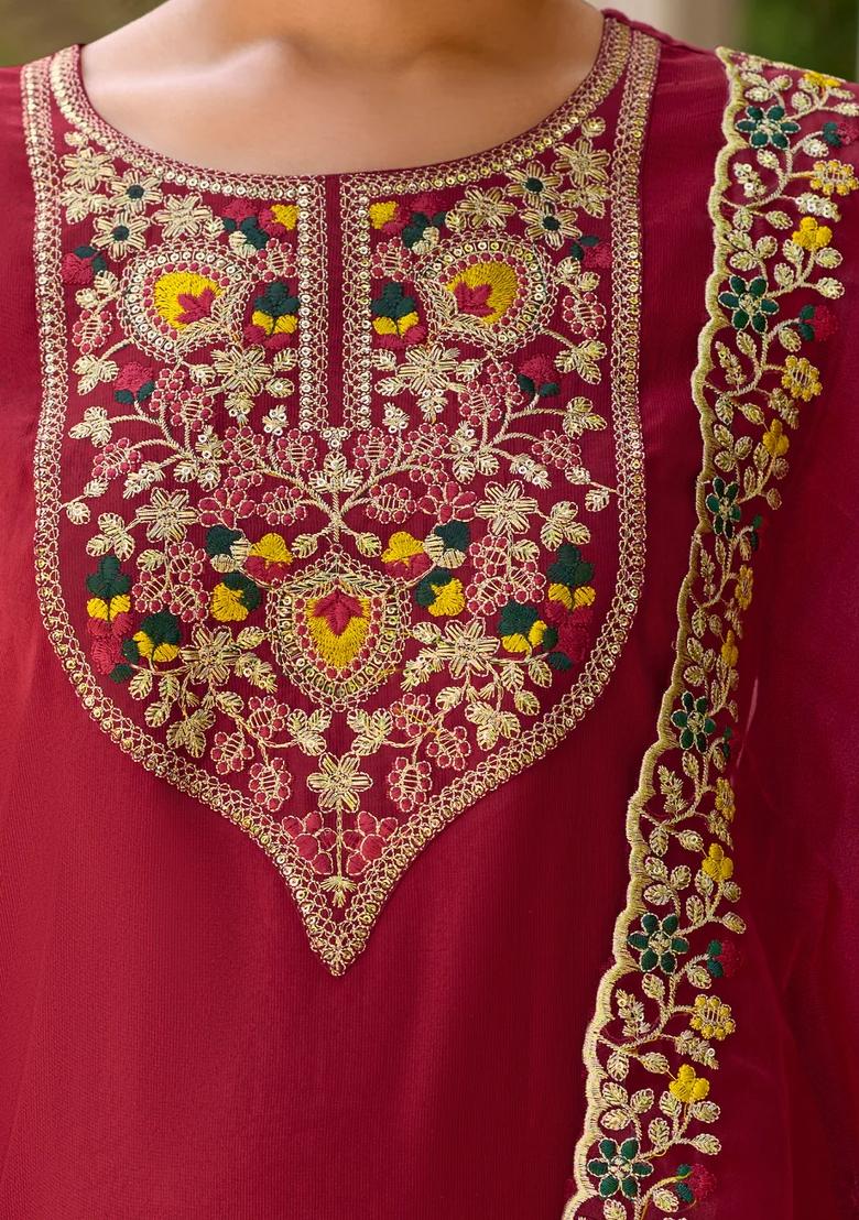 Maroon Embroidered Viscose Kurta Set - Indya