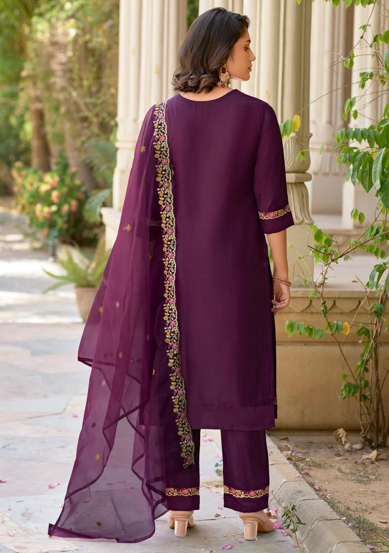 Purple Embroidered Viscose Kurta Set - Indya